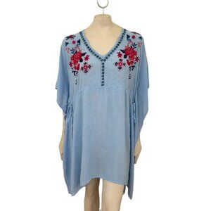 ARK NC Floral Embroidered Kaftan Dress Bohemian Coverup in Sky Blue SZ M